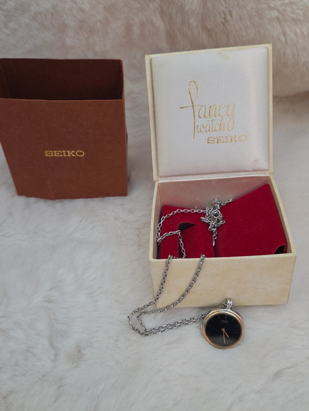 Vinrage Seiko Silver Chain Necklace Watch with Black Dial and Gold-Tone Bezel